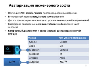 Аватаризация инженерного софта
• Обучение САПР вместо/вместе программирования/настройки
• Естественный язык вместо/вместе компьютерного
• Диалог компьютера с человеком по уточнению намерений и ограничений
• Совместное порождение идей вместо/вместе оформления идей
человека
• Комфортный диалог: имя и образ (аватар), распознавание и учёт
эмоций
Фирма Имя умного помощника
Google Google
Apple Siri
Microsoft Cortana
Facebook M
Amazon Alexa
Autodesk ???????????
18
 