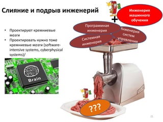 Слияние и подрыв инженерий
21
Программная
инженерия
Инженерия
машинного
обучения+
• Проектируют кремниевые
мозги
• Проектировать нужно тоже
кремниевые мозги (software-
intensive systems, cyberphysical
systems)/
 