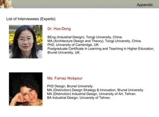 Appendix


List of Interviewees (Experts)

                         Dr. Hua Dong

                         BEng (Industrial Design), Tongji University, China.
                         MA (Architecture Design and Theory), Tongji University, China.
                         PhD, University of Cambridge, UK.
                         Postgraduate Certificate in Learning and Teaching in Higher Education,
                         Brunel University, UK.




                         Ms. Farnaz Nickpour

                        PhD Design, Brunel University.
                        MA (Distinction) Design Strategy & Innovation, Brunel University.
                        MA (Distinction) Industrial Design, University of Art, Tehran.
                        BA Industrial Design, University of Tehran.
 
