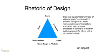 Game
Game Designer Player
Rules
Interaction
Game Design as Rhetoric
Rhetoric of Design
the basic representational mode of
videogames is “procedurality”,
enacted through rule- based
representations and interactions
and, when used to reveal
processes or concepts of another
system, present the player with a
procedural rhetoric
Ian Bogost
 