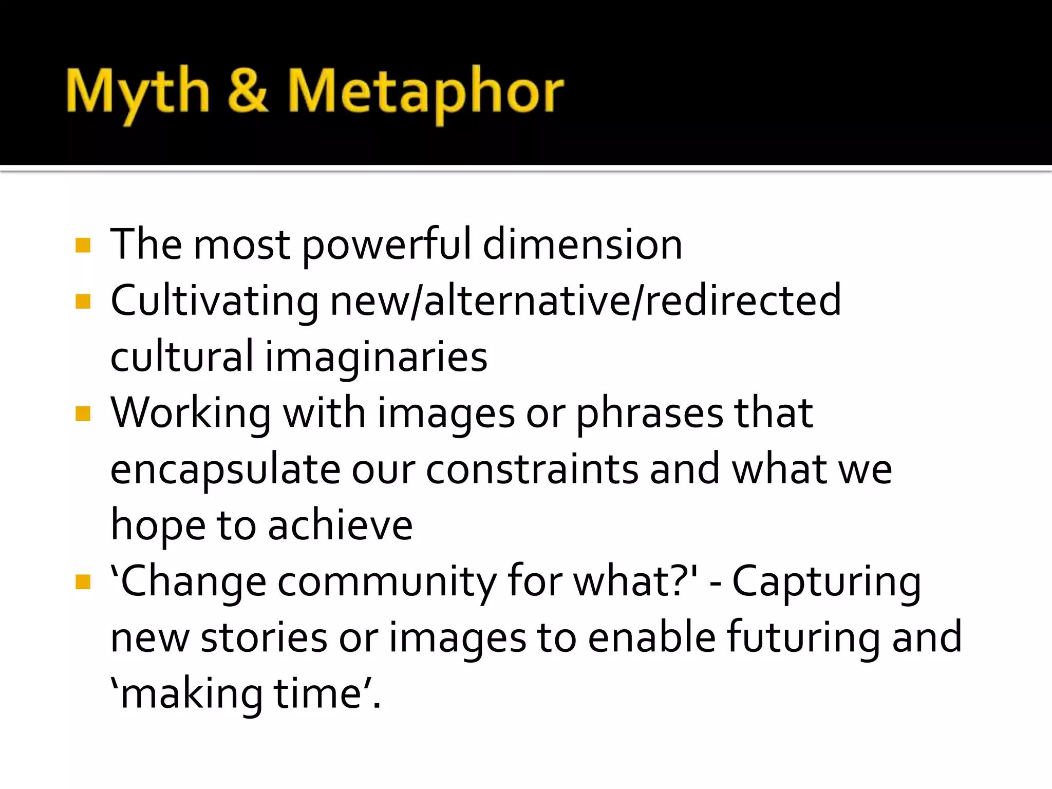 Process          Social media presence
 People         Cultural Probes
 Place          Workshops, drawing on
 Program         Causal Layered Analysis
 Platform        using creative and
 Prototype       generative methods –
                  ultimately output to
                  flickr and twitter.
                 Tagging, GPS and
                  keywords feed into
                  artwork
 