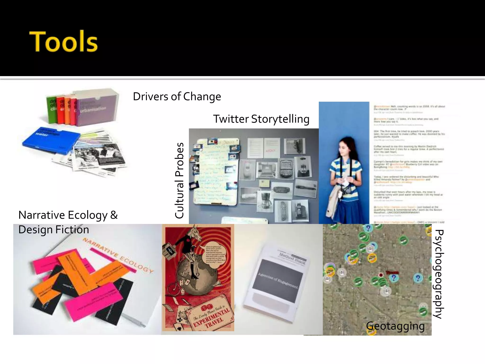 Clockwide from top
      left:Projects by M12,
        Proboscis, Slow Art
Collective, Marjetica Potrc,
    University of the Trees,
               Miriam Kilali
 