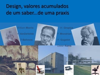 Design, valores acumulados
de um saber...de uma praxis
William Morris
H.VanDeVelde
P.Behrens
W. Gropius
P. Mondrian
H. Gugelot
Dieter Rams
 