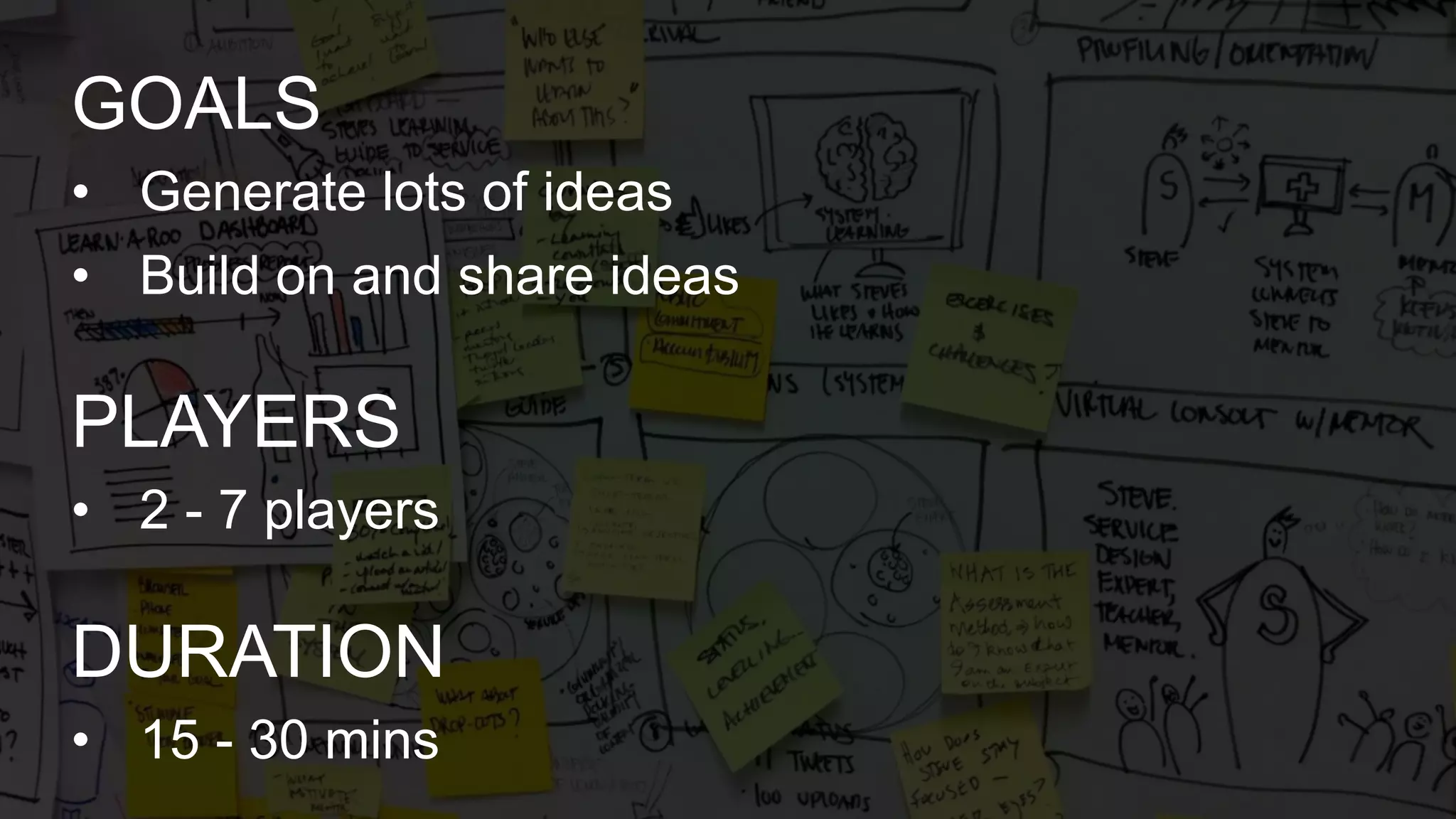 • Generate lots of ideas
• Build on and share ideas
GOALS
• 2 - 7 players
PLAYERS
• 15 - 30 mins
DURATION
 