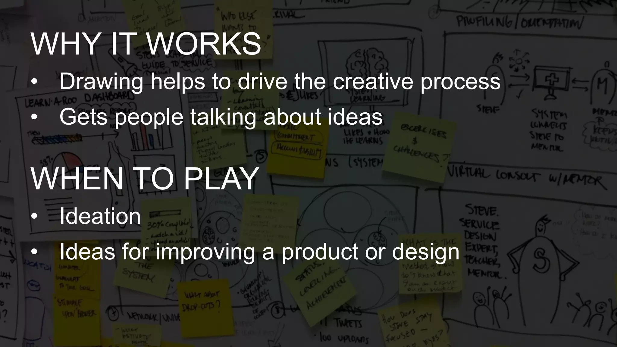 • Drawing helps to drive the creative process
• Gets people talking about ideas
WHY IT WORKS
• Ideation
• Ideas for improving a product or design
WHEN TO PLAY
 
