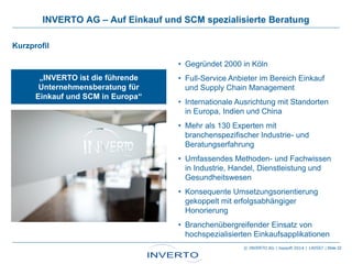 Kurzprofil
INVERTO AG – Auf Einkauf und SCM spezialisierte Beratung
• Gegründet 2000 in Köln
• Full-Service Anbieter im Bereich Einkauf
und Supply Chain Management
• Internationale Ausrichtung mit Standorten
in Europa, Indien und China
• Mehr als 130 Experten mit
branchenspezifischer Industrie- und
Beratungserfahrung
• Umfassendes Methoden- und Fachwissen
in Industrie, Handel, Dienstleistung und
Gesundheitswesen
• Konsequente Umsetzungsorientierung
gekoppelt mit erfolgsabhängiger
Honorierung
• Branchenübergreifender Einsatz von
hochspezialisierten Einkaufsapplikationen
„INVERTO ist die führende
Unternehmensberatung für
Einkauf und SCM in Europa“
| Slide 22© INVERTO AG | topsoft 2014 | 140507
 