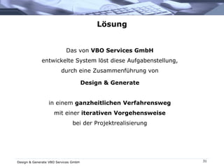 Design & Generate VBO Services GmbH 31
Lösung
Das von VBO Services GmbH
entwickelte System löst diese Aufgabenstellung,
durch eine Zusammenführung von
Design & Generate
in einem ganzheitlichen Verfahrensweg
mit einer iterativen Vorgehensweise
bei der Projektrealisierung
 