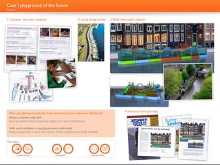 Case | playground of the future
Playdock


1. Context and user research                                        2. Local living trends   3. Wild idea made realistic




                                                                                                        4. Interest from journals
  How can playing outside be made more attractive and easier facilitated?
  What to children really like?
  Input by children delivers interesting insights, but needs interpretation

  With which problems is local government confronted?
  Modular equipment to serve the need for flexible playgrounds is hardly available


Our input
                                                  n


                                            uu        e

                                                  s


           understand                            interpret                    implement
 