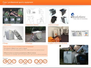 Case | professional sports equipment
IcyBath




1. Old situation                                     2. Exploratory sketches                    3. Several concepts




4. Design                                            5. Prototype                               6. IcyBath in Vancouver (OS 2010)

  How can the recovery of athletes better be facilitated?
  The interests of different users need to mapped
  The athlete as well as the supporting team have a direct interest in an improved product

  Different functions can best be accomplished by different materials
  A combination of a watertight cloth and sandwich panels make up for an optimal construction


Our input
                                        n


                                   uu       e

                                        s


          understand                            interpret               implement
 