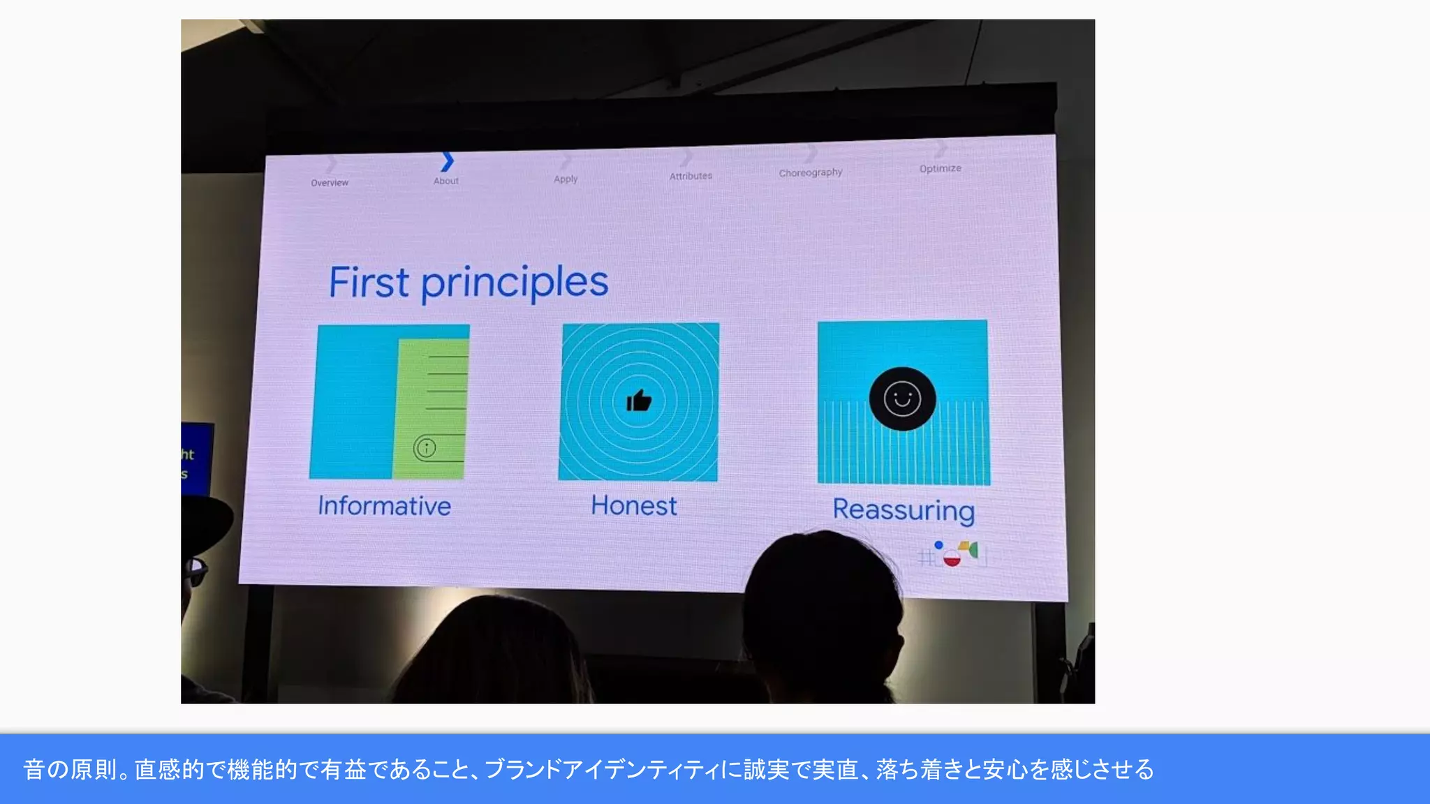 音の原則。直感的で機能的で有益であること、ブランドアイデンティティに誠実で実直、落ち着きと安心を感じさせる
 
