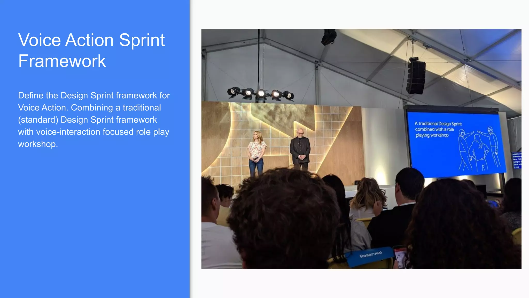 Voice Action Sprint
Framework
Define the Design Sprint framework for
Voice Action. Combining a traditional
(standard) Design Sprint framework
with voice-interaction focused role play
workshop.
 
