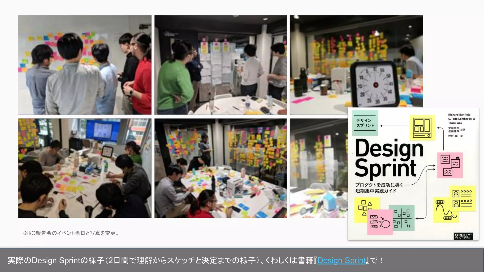 実際のDesign Sprintの様子（2日間で理解からスケッチと決定までの様子）、くわしくは書籍『Design Sprint』で！
※I/O報告会のイベント当日と写真を変更。
 