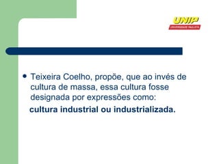 Teixeira Coelho, propõe, que ao invés de cultura de massa, essa cultura fosse designada por expressões como:  cultura industrial ou industrializada. 
