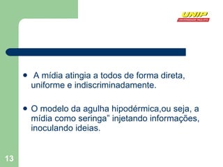 A mídia atingia a todos de forma direta, uniforme e indiscriminadamente. O modelo da agulha hipodérmica,ou seja, a mídia como seringa” injetando informações, inoculando ideias.  