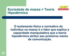 Sociedade de massa = Teoria Hipodérmica O isolamento físico e normativo do indivíduo na massa é o fator que explica a capacidade manipuladora que a teoria hipodérmica atribui aos primeiros meios de comunicação. 