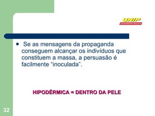 Se as mensagens da propaganda conseguem alcançar os indivíduos que constituem a massa, a persuasão é facilmente “inoculada”. HIPODÉRMICA = DENTRO DA PELE 
