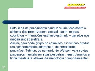 . Esta linha de pensamento conduz a uma tese sobre o sistema de  aprendizagem , apoiada sobre mapas cognitivos – interações estímulo-estímulo – gerados nos mecanismos cerebrais.  Assim, para cada grupo de estímulos o indivíduo produz um comportamento diferente e, de certa forma, previsível. Tolman, ao contrário de Watson, vale-se dos processos mentais em suas pesquisas, reestruturando a linha mentalista através da simbologia comportamental.  