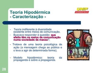 Teoria Hipodérmica - Caracterização - -  Teoria indiferente à diversidade existente entre meios de comunicação. Buscava responder à questão:  que efeito têm os meios de comunicação numa sociedade de massa ?; - Tratava de uma teoria psicológica de ação (a mensagem chega ao público e o leva a agir de determinada forma); Modelo hipodérmico: teoria da propaganda e sobre a propaganda. 