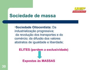 Sociedade de massa Sociedade Oitocentista:  Da industrialização progressiva; da revolução dos transportes e do comércio; da difusão dos valores abstratos de igualdade e liberdade; ELITES (perdem a exclusividade) Expostas às MASSAS 