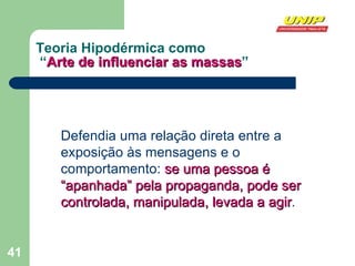 Teoria Hipodérmica como  “ Arte de influenciar as massas ” Defendia uma relação direta entre a exposição às mensagens e o comportamento:  se uma pessoa é “apanhada” pela propaganda, pode ser controlada, manipulada, levada a agir . 