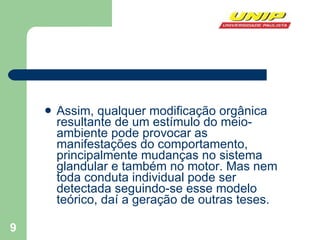 Assim, qualquer modificação orgânica resultante de um estímulo do meio-ambiente pode provocar as manifestações do comportamento, principalmente mudanças no sistema glandular e também no motor. Mas nem toda conduta individual pode ser detectada seguindo-se esse modelo teórico, daí a geração de outras teses.  