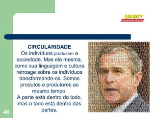 CIRCULARIDADE Os indivíduos  produzem  a sociedade. Mas ela mesma, como sua linguagem e cultura retroage sobre os indivíduos transformando-os. Somos produtos e produtores ao mesmo tempo. A parte está dentro do todo, mas o todo está dentro das partes. 