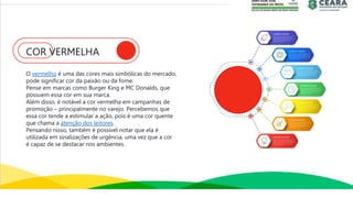 COR VERMELHA
O vermelho é uma das cores mais simbólicas do mercado,
pode significar cor da paixão ou da fome.
Pense em marcas como Burger King e MC Donalds, que
possuem essa cor em sua marca.
Além disso, é notável a cor vermelha em campanhas de
promoção – principalmente no varejo. Percebemos que
essa cor tende a estimular a ação, pois é uma cor quente
que chama a atenção dos leitores.
Pensando nisso, também é possível notar que ela é
utilizada em sinalizações de urgência, uma vez que a cor
é capaz de se destacar nos ambientes.
 