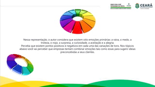 Nessa representação, o autor considera que existem oito emoções primárias: a raiva, o medo, a
tristeza, o nojo, a surpresa, a curiosidade, a aceitação e a alegria.
Perceba que existem pontos positivos e negativos em cada uma das variações de tons. Nos tópicos
abaixo você vai perceber que empresas tentam combinar emoções tais como essas para sugerir ideias
preconcebidas a seus clientes.
 