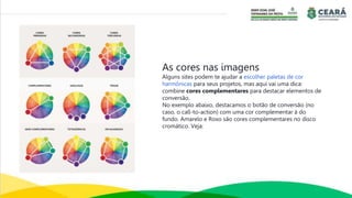 As cores nas imagens
Alguns sites podem te ajudar a escolher paletas de cor
harmônicas para seus projetos, mas aqui vai uma dica:
combine cores complementares para destacar elementos de
conversão.
No exemplo abaixo, destacamos o botão de conversão (no
caso, o call-to-action) com uma cor complementar à do
fundo. Amarelo e Roxo são cores complementares no disco
cromático. Veja:
 