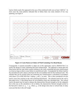 load at which cracks first appeared in the case of the reinforced walls were at least 3.6kN/m2
. In
most cases the crack patterns indicated that at failure there was some element of two way
spanning, see Figure 4.
Figure 4: Crack Pattern at Failure of Wall Containing Two Bond Beams
Consequently it seemed reasonable to adopt one of the approaches used in BS5628 Part 2 to
justify the design of walls containing bed joint reinforcement. The approach is based upon the
observation that the load which caused cracking in the walls containing bed joint reinforcement
is at least as large as that to cause failure in unreinforced walls. Consequently the failure load for
the unreinforced wall is taken as the basis for the serviceability limit for the reinforced wall. The
ultimate that can be resisted when not containing any reinforcement is calculated in accordance
with clause 32.4 of BS 5628 Part 1 taking mγ and fγ as unity. This is then considered to be the
load to cause first cracking in the wall containing bond beams. The ultimate load for the wall is
then taken to be 1.5 (the partial factor for serviceability) times this calculated load. The vertical
load in the panel may be used to enhance the characteristic flexural strength as for the subpanels
but in this case as the calculation is for at failure, the characteristic flexural strength normal to
the bed joint is taken as + where is the design stress due to vertical load, in many
cases just that due to the self weight.
kxf dg dg
 
