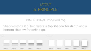 a. PRINCIPLE
LAYOUT
DIMENTIONALITY (SHADOW)
Shadows consist of two layers: a top shadow for depth and a
bottom shadow for definition.
 
