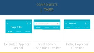 j. TABS
COMPONENTS
Extended App bar
+ Tab bar
Inset search
+ App bar + Tab bar
Default App bar
+ Tab bar
 