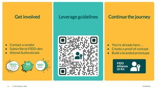 © FIDO Alliance 2024 Confidential
14
● Contact a vendor
● Subscribe to FIDO-dev
● Attend Authenticate
● You’re already here …
● Create a proof of concept
● Build a branded prototype
Get involved Leverage guidelines Continue the journey
 
