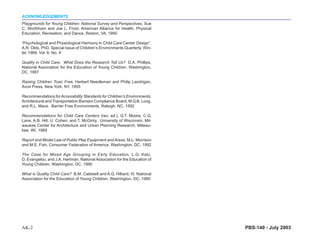 ACKNOWLEDGEMENTS
Playgrounds for Young Children: National Survey and Perspectives, Sue
C. Worthham and Joe L. Frost, American Alliance for Health, Physical
Education, Recreation, and Dance, Reston, VA, 1990

“Psychological and Physiological Harmony in Child Care Center Design”,
A.R. Olds, PhD, Special Issue of Children’s Environments Quarterly, Win-
ter 1989, Vol. 6, No. 4

Quality in Child Care. What Does the Research Tell Us? D.A. Phillips,
National Association for the Education of Young Children, Washington,
DC, 1987

Raising Children Toxic Free, Herbert Needleman and Philip Landrigan,
Avon Press, New York, NY, 1995

Recommendations for Accessibility Standards for Children’s Environments,
Architectural and Transportation Barriers Compliance Board, M.G.B. Long,
and R.L. Mace. Barrier Free Environments, Raleigh, NC, 1992

Recommendations for Child Care Centers (rev. ed.), G.T. Moore, C.G.
Lane, A.B. Hill, U. Cohen, and T. McGinty. University of Wisconsin, Mil-
waukee Center for Architecture and Urban Planning Research, Milwau-
kee, WI, 1989

Report and Model Law of Public Play Equipment and Areas, M.L. Morrison
and M.E. Fish, Consumer Federation of America, Washington, DC, 1992

The Case for Mixed Age Grouping in Early Education, L.G. Katz,
D. Evangelou, and J.A. Hartman, National Association for the Education of
Young Children, Washington, DC, 1990

What is Quality Child Care? B.M. Caldwell and A.G. Hilliard, III, National
Association for the Education of Young Children, Washington, DC, 1985




AK-2                                                                         PBS-140 - July 2003
 