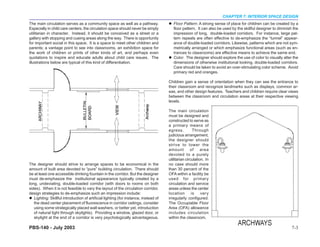 CHAPTER 7: INTERIOR SPACE DESIGN
The main circulation serves as a community space as well as a pathway.                   Floor Pattern: A strong sense of place for children can be created by a
Especially in child care centers, the circulation space should never be simply           floor pattern. It can also be used by the skillful designer to diminish the
utilitarian in character. Instead, it should be conceived as a street or a               impression of long, double-loaded corridors. For instance, large pat-
gallery with stopping and cueing areas along the way. There is opportunity               tern repeats are often effective to de-emphasize the “tunnel” appear-
for important social in this space. It is a space to meet other children and             ance of double-loaded corridors. Likewise, patterns which are not sym-
parents; a vantage point to see into classrooms, an exhibition space for                 metrically arranged or which emphasize functional areas (such as en-
the work of children or prints of other kinds of art, and perhaps even                   trances to classrooms) are effective means to achieve the same end.
quotations to inspire and educate adults about child care issues. The                    Color. The designer should explore the use of color to visually alter the
illustrations below are typical of this kind of differentiation.                         dimensions of otherwise institutional looking, double-loaded corridors.
                                                                                         Care should be taken to avoid an over-stimulating color scheme. Avoid
                                                                                         primary red and oranges.

                                                                                      Children gain a sense of orientation when they can see the entrance to
                                                                                      their classroom and recognize landmarks such as displays, common ar-
                                                                                      eas, and other design features. Teachers and children require clear views
                                                                                      between the classroom and circulation areas at their respective viewing
                                                                                      levels.

                                                                                      The main circulation
                                                                                      must be designed and
                                                                                      constructed to serve as
                                                                                      a primary means of
                                                                                      egress.          Through
                                                                                      judicious arrangement,
                                                                                      the designer should
                                                                                      strive to lower the
                                                                                      amount         of     area
                                                                                      devoted to a purely
                                                                                      utilitarian circulation. In
The designer should strive to arrange spaces to be economical in the                  no case should more
amount of built area devoted to “pure” building circulation. There should             than 30 percent of the
be at least one accessible drinking fountain in the corridor. But the designer        OFA within a facility be
must de-emphasize the institutional appearance typically created by a                 used for primary
long, undeviating, double-loaded corridor (with doors to rooms on both                circulation and service
sides). When it is not feasible to vary the layout of the circulation corridor,       areas unless the center
design strategies to de-emphasize such an impression include:                         location        is    very
   Lighting: Skillful introduction of artificial lighting (for instance, instead of   irregularly configured.
   the dead center placement of fluorescence in corridor ceilings, consider           The Occupiable Floor
   using some strategically placed wall washers, or better yet, introduction          Area (OFA) allowance
   of natural light through skylights). Providing a window, glazed door, or           includes circulation
   skylight at the end of a corridor is very psychologically advantageous.            within the classroom.

PBS-140 - July 2003                                                                                                                                             7-3
 