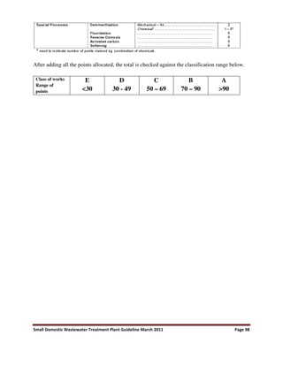 Small Domestic Wastewater Treatment Plant Guideline March 2011 Page 98
After adding all the points allocated, the total is checked against the classification range below.
Class of works
Range of
points
E
<30
D
30 - 49
C
50 – 69
B
70 – 90
A
>90
 