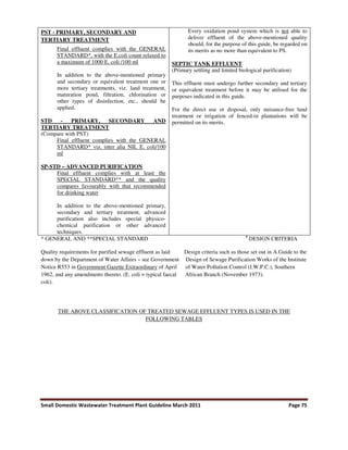 Small Domestic Wastewater Treatment Plant Guideline March 2011 Page 75
PST - PRIMARY, SECONDARY AND
TERTIARY TREATMENT
Final effluent complies with the GENERAL
STANDARD*, with the E.coli count relaxed to
a maximum of 1000 E. coli /100 ml
In addition to the above-mentioned primary
and secondary or equivalent treatment one or
more tertiary treatments, viz. land treatment,
maturation pond, filtration, chlorination or
other types of disinfection, etc., should be
applied.
STD - PRIMARY, SECONDARY AND
TERTIARY TREATMENT
(Compare with PST)
Final effluent complies with the GENERAL
STANDARD* viz. inter alia NIL E. coli/100
ml
SP-STD – ADVANCED PURIFICATION
Final effluent complies with at least the
SPECIAL STANDARD** and the quality
compares favourably with that recommended
for drinking water
In addition to the above-mentioned primary,
secondary and tertiary treatment, advanced
purification also includes special physico-
chemical purification or other advanced
techniques.
Every oxidation pond system which is not able to
deliver effluent of the above-mentioned quality
should, for the purpose of this guide, be regarded on
its merits as no more than equivalent to PS.
SEPTIC TANK EFFLUENT
(Primary settling and limited biological purification)
This effluent must undergo further secondary and tertiary
or equivalent treatment before it may be utilised for the
purposes indicated in this guide.
For the direct use or disposal, only nuisance-free land
treatment or irrigation of fenced-in plantations will be
permitted on its merits.
* GENERAL AND **SPECIAL STANDARD #
DESIGN CRITERIA
Quality requirements for purified sewage effluent as laid Design criteria such as those set out in A Guide to the
down by the Department of Water Affairs – see Government Design of Sewage Purification Works of the Institute
Notice R553 in Government Gazette Extraordinary of April of Water Pollution Control (I.W.P.C.), Southern
1962, and any amendments thereto. (E. coli = typical faecal African Branch (November 1973).
coli).
THE ABOVE CLASSIFICATION OF TREATED SEWAGE EFFLUENT TYPES IS USED IN THE
FOLLOWING TABLES
 