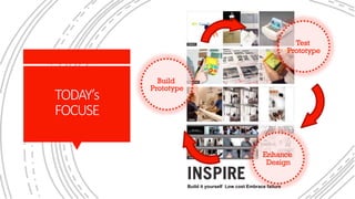 Build it yourself Low cost Embrace failure Expect changes Build it
TODAY’s
FOCUSE
Test
Prototype
Build
Prototype
Enhance
Design
 