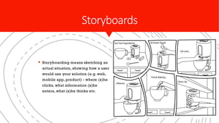 Storyboards
§ Storyboarding means sketching an
actual situation, showing how a user
would use your solution (e.g. web,
mobile app, product) - where (s)he
clicks, what information (s)he
enters, what (s)he thinks etc.
 