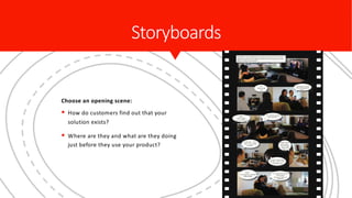 Storyboards
Choose an opening scene:
§ How do customers find out that your
solution exists?
§ Where are they and what are they doing
just before they use your product?
 
