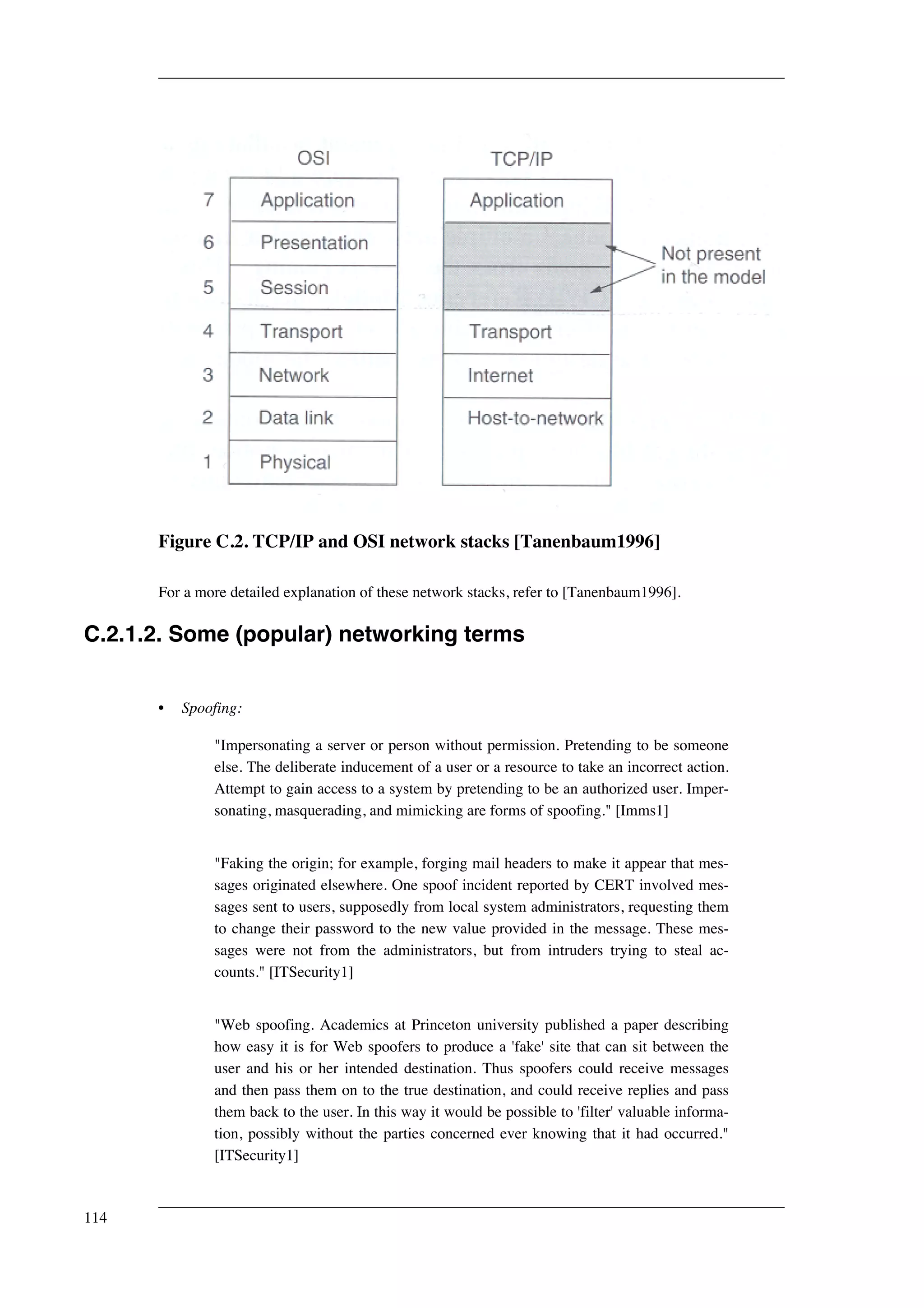 Figure C.2. TCP/IP and OSI network stacks [Tanenbaum1996] 
For a more detailed explanation of these network stacks, refer to [Tanenbaum1996]. 
C.2.1.2. Some (popular) networking terms 
• Spoofing: 
"Impersonating a server or person without permission. Pretending to be someone 
else. The deliberate inducement of a user or a resource to take an incorrect action. 
Attempt to gain access to a system by pretending to be an authorized user. Imper-sonating, 
masquerading, and mimicking are forms of spoofing." [Imms1] 
"Faking the origin; for example, forging mail headers to make it appear that mes-sages 
originated elsewhere. One spoof incident reported by CERT involved mes-sages 
sent to users, supposedly from local system administrators, requesting them 
to change their password to the new value provided in the message. These mes-sages 
were not from the administrators, but from intruders trying to steal ac-counts." 
[ITSecurity1] 
"Web spoofing. Academics at Princeton university published a paper describing 
how easy it is for Web spoofers to produce a 'fake' site that can sit between the 
user and his or her intended destination. Thus spoofers could receive messages 
and then pass them on to the true destination, and could receive replies and pass 
them back to the user. In this way it would be possible to 'filter' valuable informa-tion, 
possibly without the parties concerned ever knowing that it had occurred." 
[ITSecurity1] 
114 
 