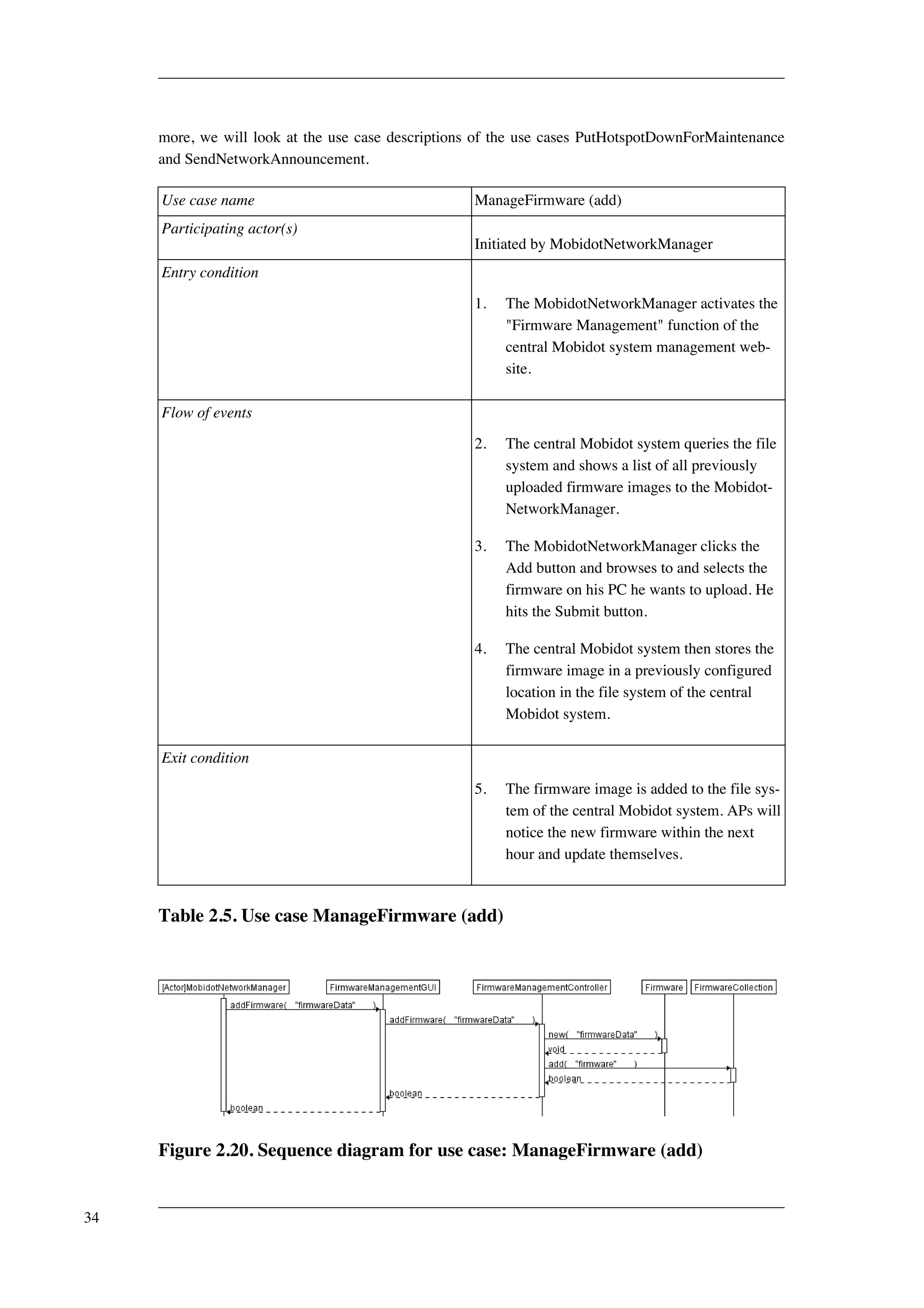 more, we will look at the use case descriptions of the use cases PutHotspotDownForMaintenance 
and SendNetworkAnnouncement. 
Use case name ManageFirmware (add) 
Participating actor(s) 
Initiated by MobidotNetworkManager 
Entry condition 
1. The MobidotNetworkManager activates the 
"Firmware Management" function of the 
central Mobidot system management web-site. 
Flow of events 
2. The central Mobidot system queries the file 
system and shows a list of all previously 
uploaded firmware images to the Mobidot- 
NetworkManager. 
3. The MobidotNetworkManager clicks the 
Add button and browses to and selects the 
firmware on his PC he wants to upload. He 
hits the Submit button. 
4. The central Mobidot system then stores the 
firmware image in a previously configured 
location in the file system of the central 
Mobidot system. 
Exit condition 
5. The firmware image is added to the file sys-tem 
of the central Mobidot system. APs will 
notice the new firmware within the next 
hour and update themselves. 
Table 2.5. Use case ManageFirmware (add) 
Figure 2.20. Sequence diagram for use case: ManageFirmware (add) 
34 
 