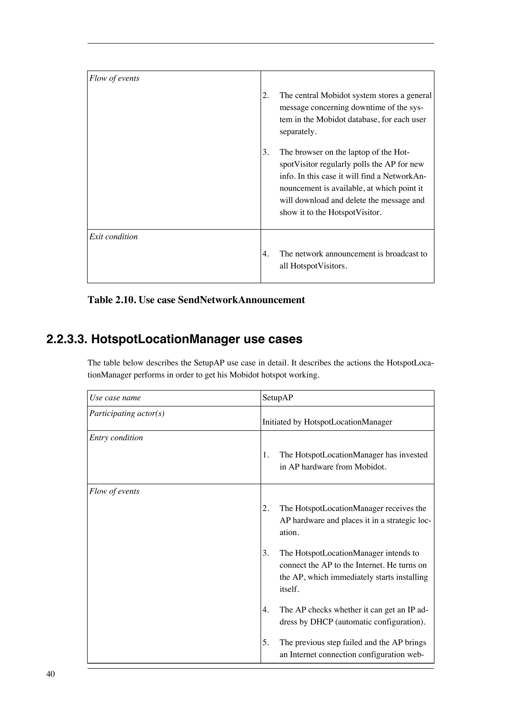 Flow of events 
2. The central Mobidot system stores a general 
message concerning downtime of the sys-tem 
in the Mobidot database, for each user 
separately. 
3. The browser on the laptop of the Hot-spotVisitor 
regularly polls the AP for new 
info. In this case it will find a NetworkAn-nouncement 
is available, at which point it 
will download and delete the message and 
show it to the HotspotVisitor. 
Exit condition 
4. The network announcement is broadcast to 
all HotspotVisitors. 
Table 2.10. Use case SendNetworkAnnouncement 
2.2.3.3. HotspotLocationManager use cases 
The table below describes the SetupAP use case in detail. It describes the actions the HotspotLoca-tionManager 
performs in order to get his Mobidot hotspot working. 
Use case name SetupAP 
Participating actor(s) 
Initiated by HotspotLocationManager 
Entry condition 
1. The HotspotLocationManager has invested 
in AP hardware from Mobidot. 
Flow of events 
2. The HotspotLocationManager receives the 
AP hardware and places it in a strategic loc-ation. 
3. The HotspotLocationManager intends to 
connect the AP to the Internet. He turns on 
the AP, which immediately starts installing 
itself. 
4. The AP checks whether it can get an IP ad-dress 
by DHCP (automatic configuration). 
5. The previous step failed and the AP brings 
an Internet connection configuration web- 
40 
 