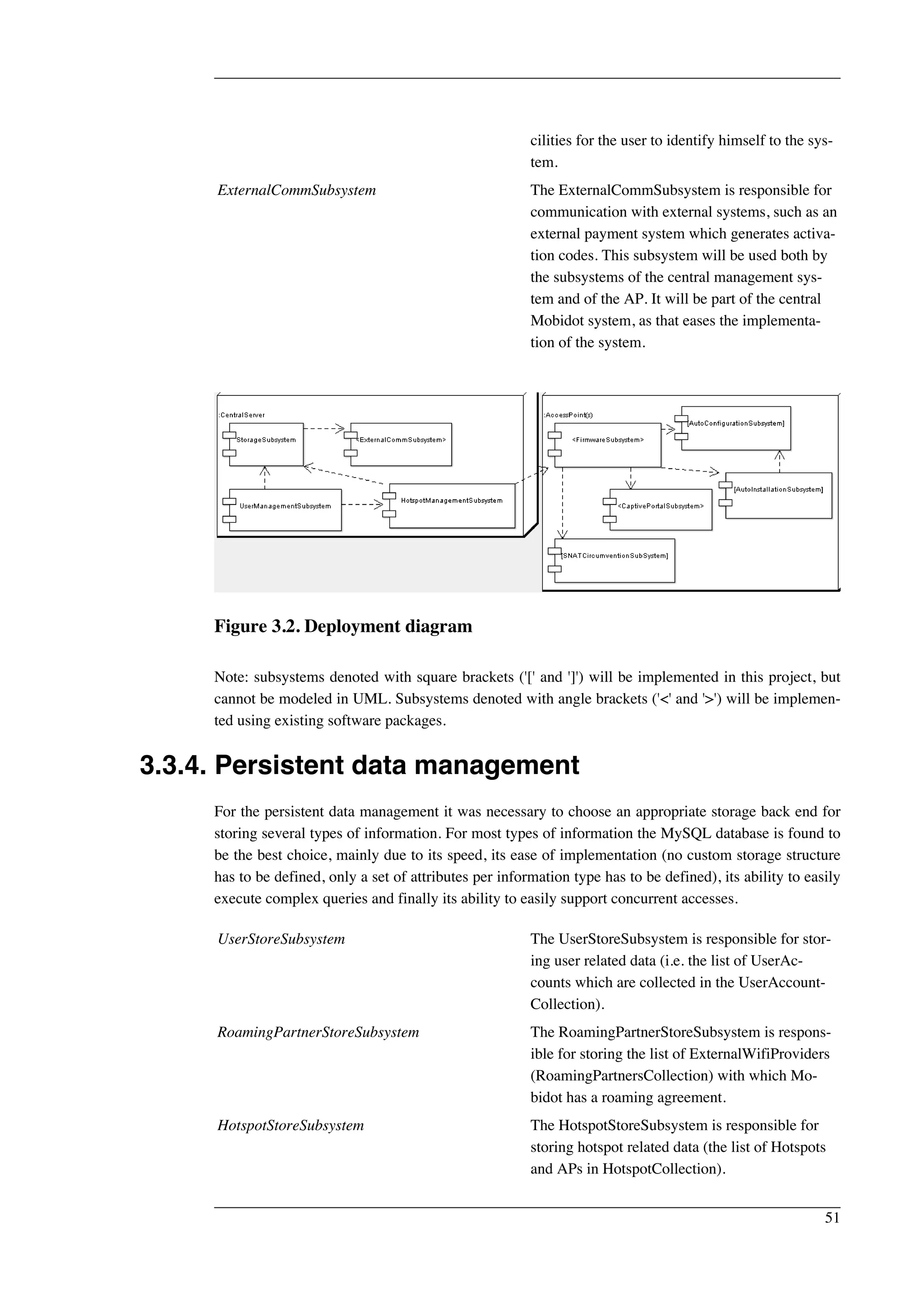cilities for the user to identify himself to the sys-tem. 
ExternalCommSubsystem The ExternalCommSubsystem is responsible for 
communication with external systems, such as an 
external payment system which generates activa-tion 
codes. This subsystem will be used both by 
the subsystems of the central management sys-tem 
and of the AP. It will be part of the central 
Mobidot system, as that eases the implementa-tion 
of the system. 
Figure 3.2. Deployment diagram 
Note: subsystems denoted with square brackets ('[' and ']') will be implemented in this project, but 
cannot be modeled in UML. Subsystems denoted with angle brackets ('<' and '>') will be implemen-ted 
using existing software packages. 
3.3.4. Persistent data management 
For the persistent data management it was necessary to choose an appropriate storage back end for 
storing several types of information. For most types of information the MySQL database is found to 
be the best choice, mainly due to its speed, its ease of implementation (no custom storage structure 
has to be defined, only a set of attributes per information type has to be defined), its ability to easily 
execute complex queries and finally its ability to easily support concurrent accesses. 
UserStoreSubsystem The UserStoreSubsystem is responsible for stor-ing 
user related data (i.e. the list of UserAc-counts 
which are collected in the UserAccount- 
Collection). 
RoamingPartnerStoreSubsystem The RoamingPartnerStoreSubsystem is respons-ible 
for storing the list of ExternalWifiProviders 
(RoamingPartnersCollection) with which Mo-bidot 
has a roaming agreement. 
HotspotStoreSubsystem The HotspotStoreSubsystem is responsible for 
storing hotspot related data (the list of Hotspots 
and APs in HotspotCollection). 
51 
 