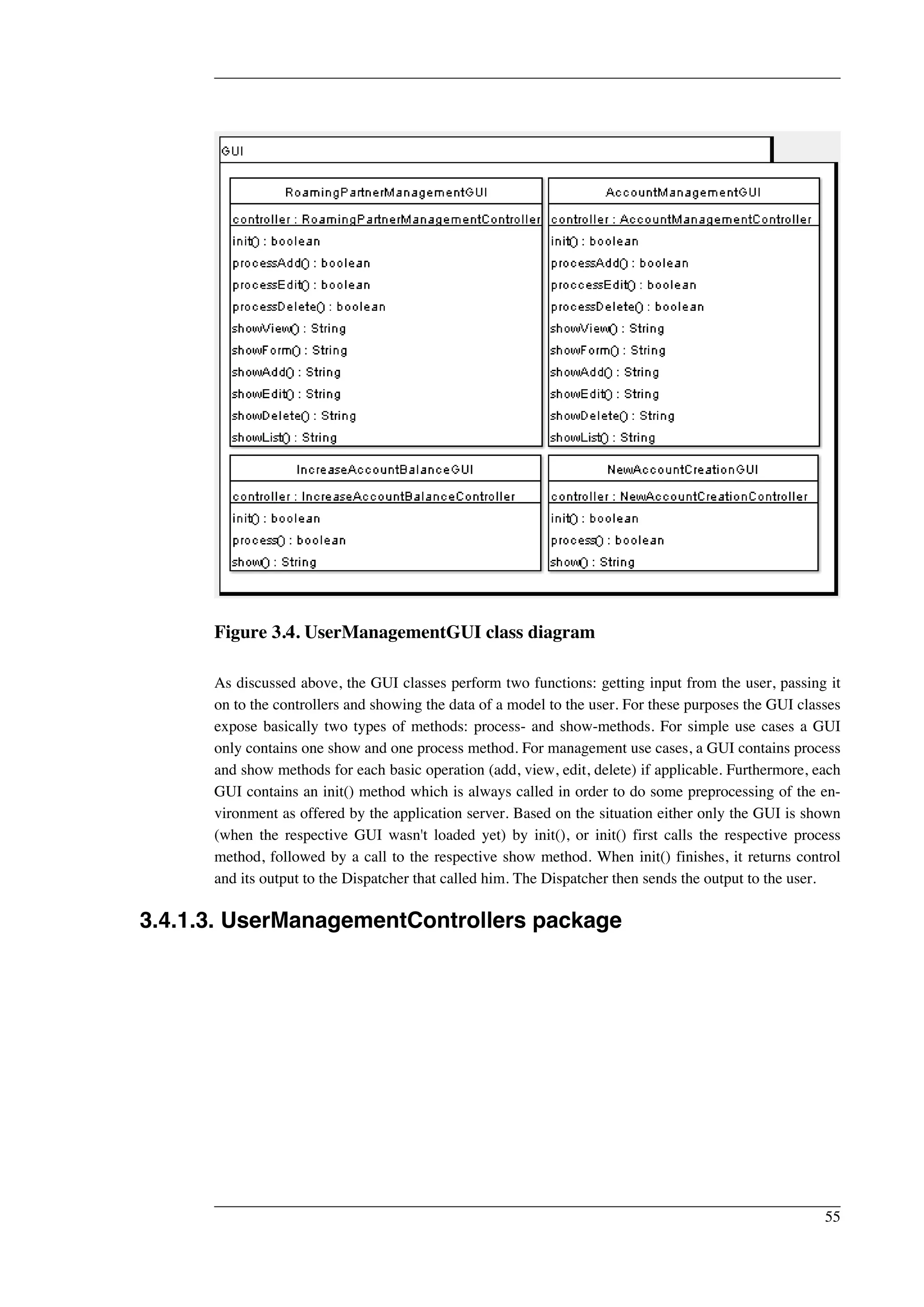 Figure 3.4. UserManagementGUI class diagram 
As discussed above, the GUI classes perform two functions: getting input from the user, passing it 
on to the controllers and showing the data of a model to the user. For these purposes the GUI classes 
expose basically two types of methods: process- and show-methods. For simple use cases a GUI 
only contains one show and one process method. For management use cases, a GUI contains process 
and show methods for each basic operation (add, view, edit, delete) if applicable. Furthermore, each 
GUI contains an init() method which is always called in order to do some preprocessing of the en-vironment 
as offered by the application server. Based on the situation either only the GUI is shown 
(when the respective GUI wasn't loaded yet) by init(), or init() first calls the respective process 
method, followed by a call to the respective show method. When init() finishes, it returns control 
and its output to the Dispatcher that called him. The Dispatcher then sends the output to the user. 
3.4.1.3. UserManagementControllers package 
55 
 