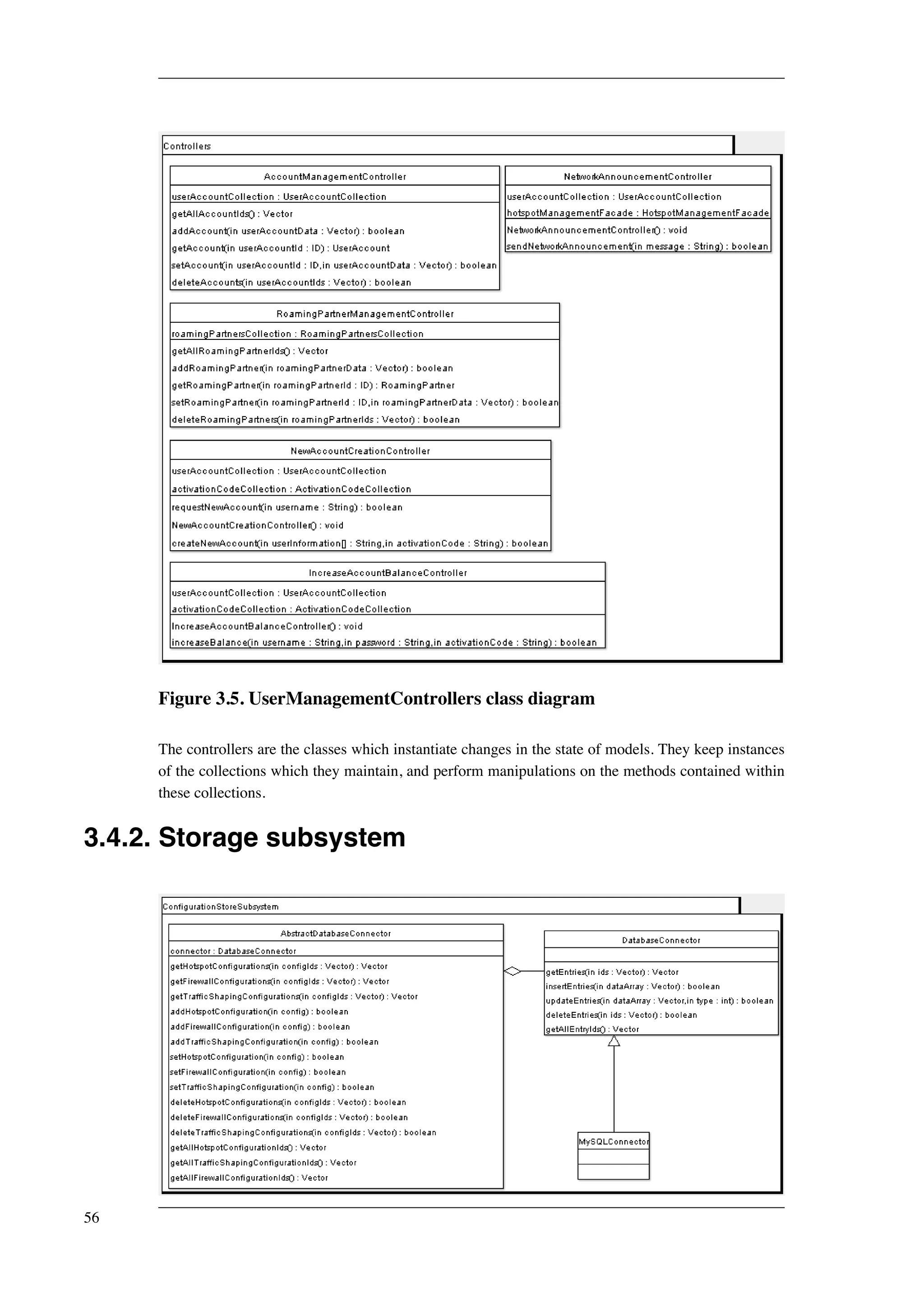 Figure 3.5. UserManagementControllers class diagram 
The controllers are the classes which instantiate changes in the state of models. They keep instances 
of the collections which they maintain, and perform manipulations on the methods contained within 
these collections. 
3.4.2. Storage subsystem 
56 
 