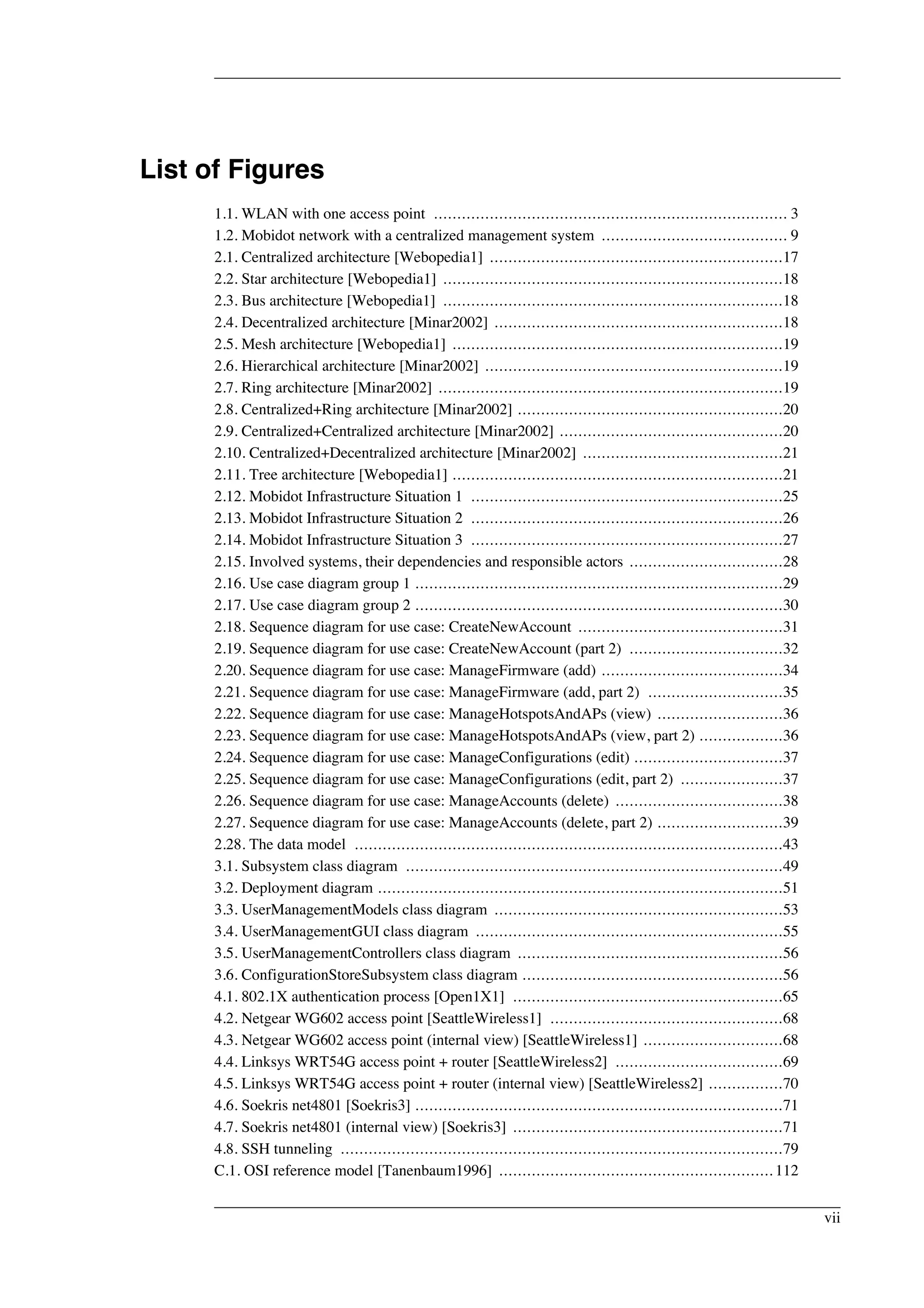List of Figures 
1.1. WLAN with one access point ............................................................................ 3 
1.2. Mobidot network with a centralized management system ........................................ 9 
2.1. Centralized architecture [Webopedia1] ...............................................................17 
2.2. Star architecture [Webopedia1] .........................................................................18 
2.3. Bus architecture [Webopedia1] .........................................................................18 
2.4. Decentralized architecture [Minar2002] ..............................................................18 
2.5. Mesh architecture [Webopedia1] .......................................................................19 
2.6. Hierarchical architecture [Minar2002] ................................................................19 
2.7. Ring architecture [Minar2002] ..........................................................................19 
2.8. Centralized+Ring architecture [Minar2002] .........................................................20 
2.9. Centralized+Centralized architecture [Minar2002] ................................................20 
2.10. Centralized+Decentralized architecture [Minar2002] ...........................................21 
2.11. Tree architecture [Webopedia1] .......................................................................21 
2.12. Mobidot Infrastructure Situation 1 ...................................................................25 
2.13. Mobidot Infrastructure Situation 2 ...................................................................26 
2.14. Mobidot Infrastructure Situation 3 ...................................................................27 
2.15. Involved systems, their dependencies and responsible actors .................................28 
2.16. Use case diagram group 1 ...............................................................................29 
2.17. Use case diagram group 2 ...............................................................................30 
2.18. Sequence diagram for use case: CreateNewAccount ............................................31 
2.19. Sequence diagram for use case: CreateNewAccount (part 2) .................................32 
2.20. Sequence diagram for use case: ManageFirmware (add) .......................................34 
2.21. Sequence diagram for use case: ManageFirmware (add, part 2) .............................35 
2.22. Sequence diagram for use case: ManageHotspotsAndAPs (view) ...........................36 
2.23. Sequence diagram for use case: ManageHotspotsAndAPs (view, part 2) ..................36 
2.24. Sequence diagram for use case: ManageConfigurations (edit) ................................37 
2.25. Sequence diagram for use case: ManageConfigurations (edit, part 2) ......................37 
2.26. Sequence diagram for use case: ManageAccounts (delete) ....................................38 
2.27. Sequence diagram for use case: ManageAccounts (delete, part 2) ...........................39 
2.28. The data model ............................................................................................43 
3.1. Subsystem class diagram .................................................................................49 
3.2. Deployment diagram .......................................................................................51 
3.3. UserManagementModels class diagram ..............................................................53 
3.4. UserManagementGUI class diagram ..................................................................55 
3.5. UserManagementControllers class diagram .........................................................56 
3.6. ConfigurationStoreSubsystem class diagram ........................................................56 
4.1. 802.1X authentication process [Open1X1] ..........................................................65 
4.2. Netgear WG602 access point [SeattleWireless1] ..................................................68 
4.3. Netgear WG602 access point (internal view) [SeattleWireless1] ..............................68 
4.4. Linksys WRT54G access point + router [SeattleWireless2] ....................................69 
4.5. Linksys WRT54G access point + router (internal view) [SeattleWireless2] ................70 
4.6. Soekris net4801 [Soekris3] ...............................................................................71 
4.7. Soekris net4801 (internal view) [Soekris3] ..........................................................71 
4.8. SSH tunneling ...............................................................................................79 
C.1. OSI reference model [Tanenbaum1996] ........................................................... 112 
vii 
 