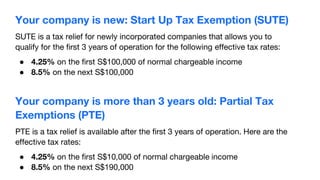 Your company is new: Start Up Tax Exemption (SUTE)
SUTE is a tax relief for newly incorporated companies that allows you to
qualify for the first 3 years of operation for the following effective tax rates:
● 4.25% on the first S$100,000 of normal chargeable income
● 8.5% on the next S$100,000
Your company is more than 3 years old: Partial Tax
Exemptions (PTE)
PTE is a tax relief is available after the first 3 years of operation. Here are the
effective tax rates:
● 4.25% on the first S$10,000 of normal chargeable income
● 8.5% on the next S$190,000
 