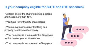 Is your company eligible for SUTE and PTE schemes?
• At least one of the shareholders is a person
and holds more than 10%
• You have fewer than 20 shareholders
• You are not an investment holding or a
property development company
• Your company is a tax resident in Singapore
for the current year of assessment
• Your company is incorporated in Singapore
 