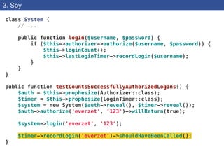 3. Spy
class System {
// ...
!
public function logIn($username, $password) {
if ($this->authorizer->authorize($username, $password)) {
$this->loginCount++;
$this->lastLoginTimer->recordLogin($username);
}
}
}
!
public function testCountsSuccessfullyAuthorizedLogIns() {
$auth = $this->prophesize(Authorizer::class);
$timer = $this->prophesize(LoginTimer::class);
$system = new System($auth->reveal(), $timer->reveal());
$auth->authorize('everzet', '123')->willReturn(true);
!
$system->login('everzet', '123');
!
$timer->recordLogin('everzet')->shouldHaveBeenCalled();
}
 